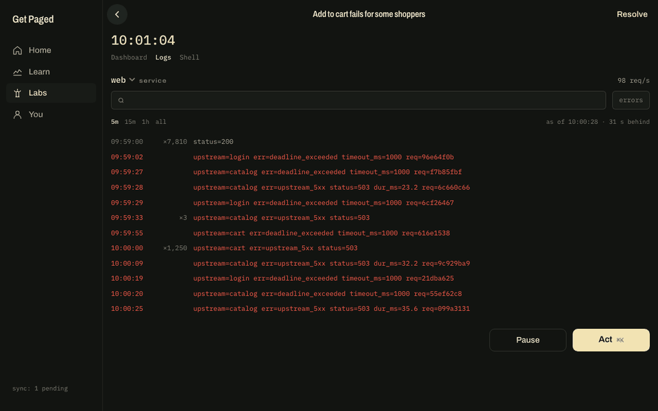 The log of one service, folded into runs, errors in red