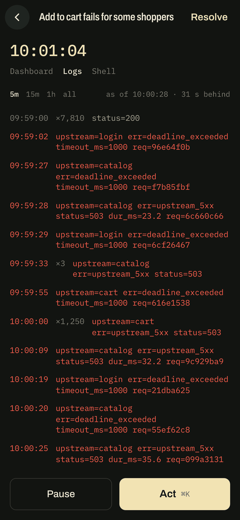 The log of one service, folded into runs, errors in red
